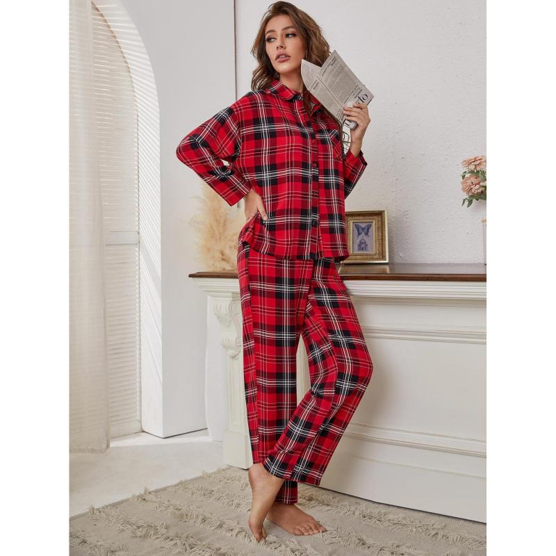 Conjunto de pijama informal con estampado de cuadros rojos y manga larga para mujer
