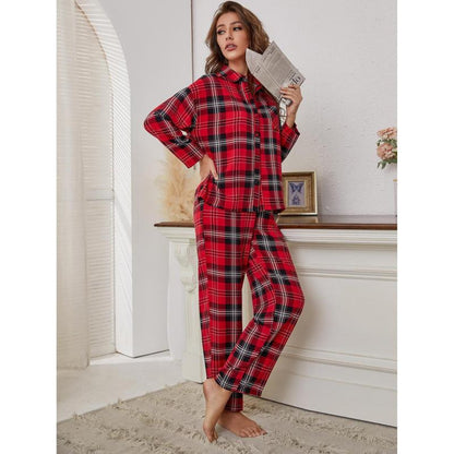Conjunto de pijama informal con estampado de cuadros rojos y manga larga para mujer