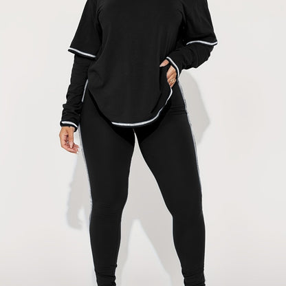 Conjunto de dos piezas de sudadera con capucha y pantalones ajustados de manga larga de color liso informal para mujer