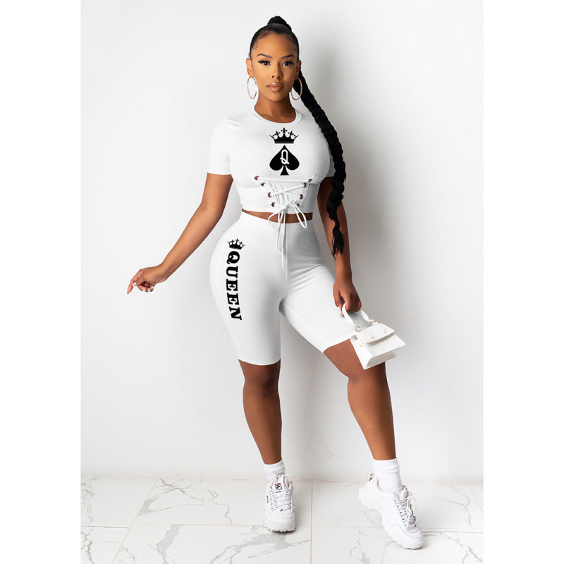 Women Fashion Black Q Poker Queen Printed Casual Summer T-Shirt And Shorts Set