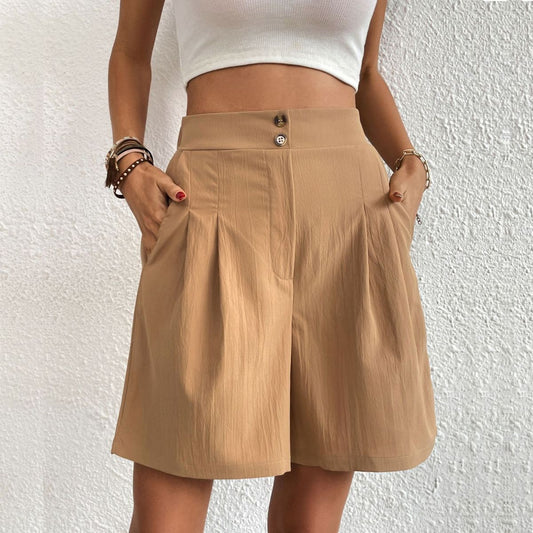 Pantalones cortos holgados de cintura alta de color liso informales de verano para mujer