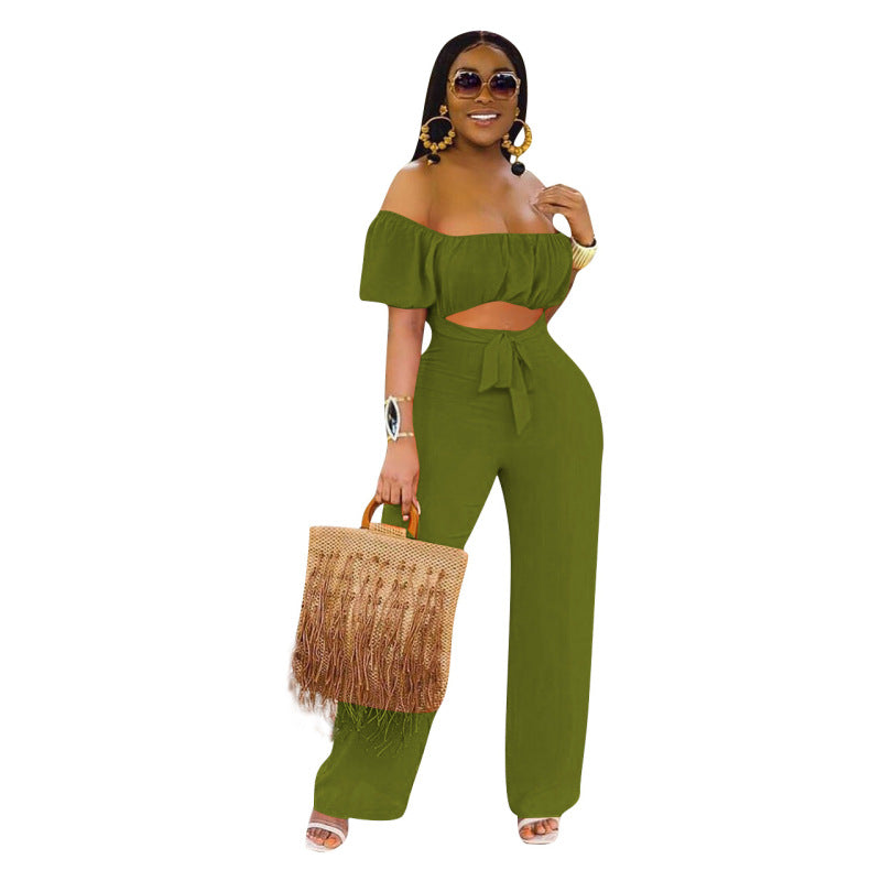 Women Solid Color Backless One-Shoulder One-Piece Casual Wide-Leg Jumpsuit