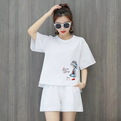 Conjunto de 2 piezas de camiseta de manga corta con cuello redondo, pantalones cortos y cintura definida, estampado de color liso y holgado para mujer