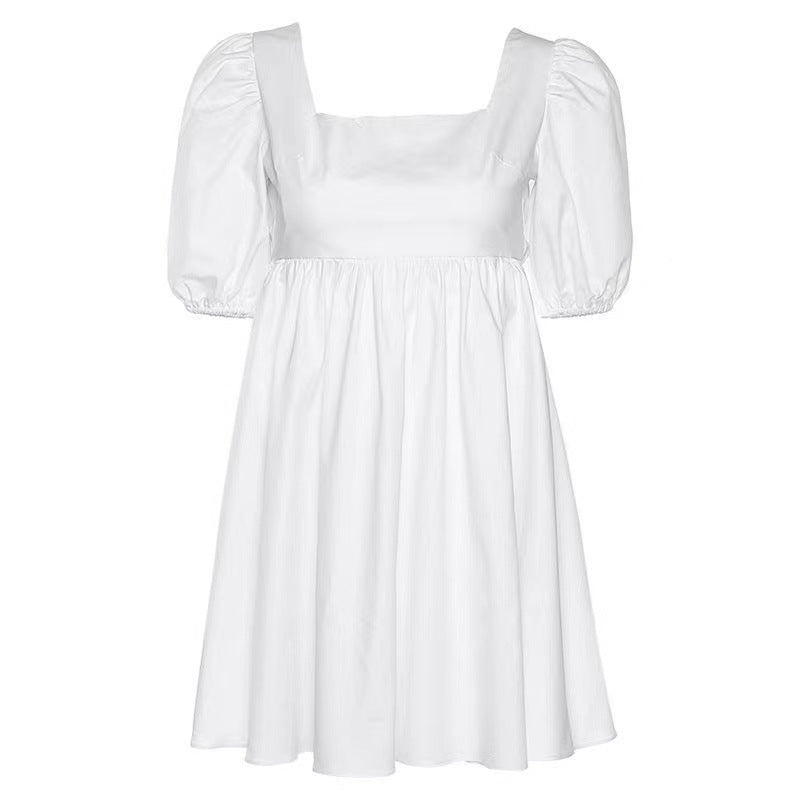 Summer Casual Sweet Women Square Neck Backless Puff Sleeve Solid Color Swing Dress