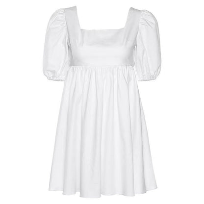 Summer Casual Sweet Women Square Neck Backless Puff Sleeve Solid Color Swing Dress