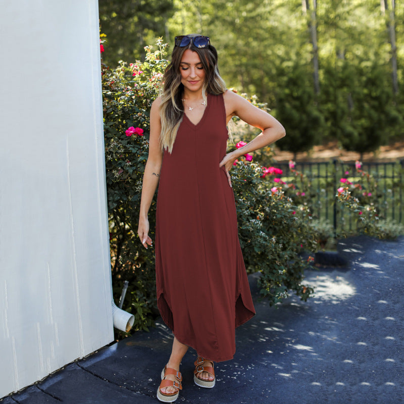 Summer Women'S Solid Color Casual V-Neck Sleeveless Tank Dress
