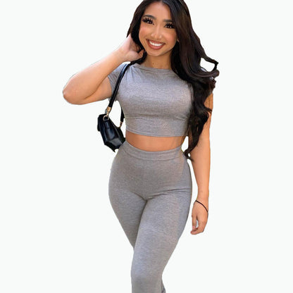 Conjunto deportivo de dos piezas para mujer, color liso, cuello redondo, manga corta y pantalones de cintura alta, estilo informal, para yoga