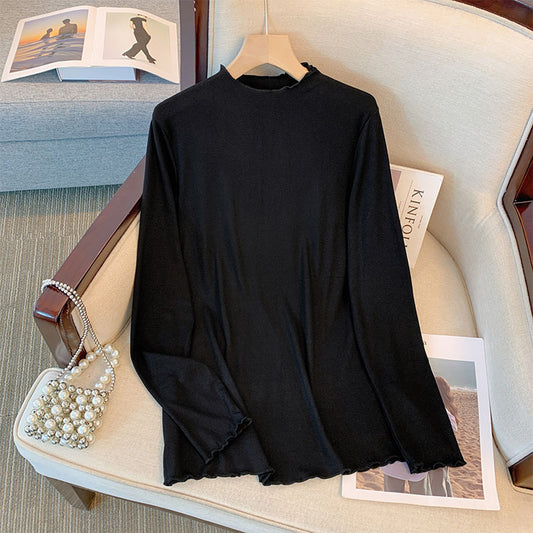 Camiseta básica informal holgada de talla grande con cuello alto y manga larga en color liso para mujer