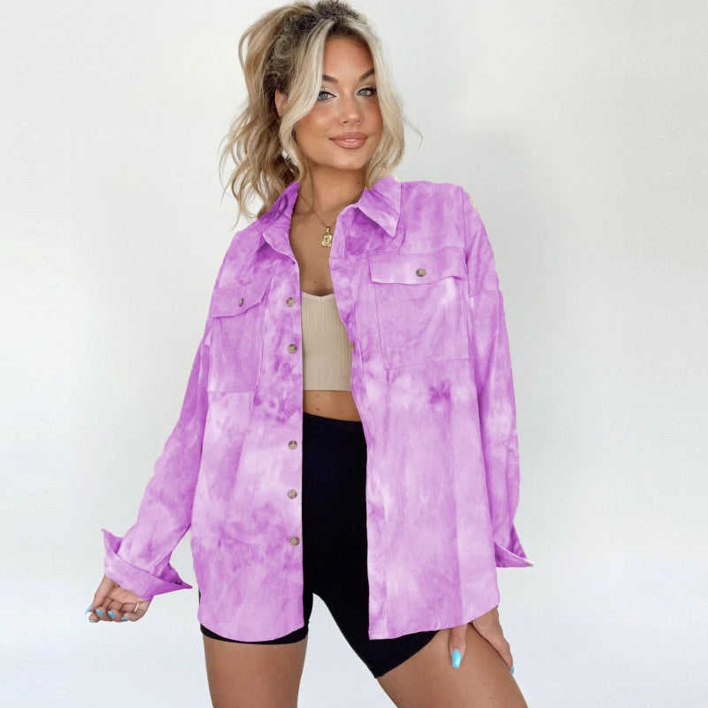 Casual Fashion Women Tie Dye Print Long Sleeve Shacket Blouse