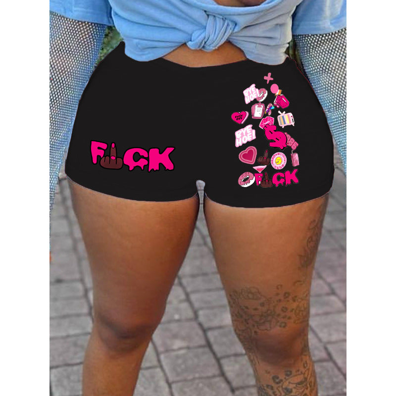 Women Fashion Casual Letter Printing Elastic Waist Shorts