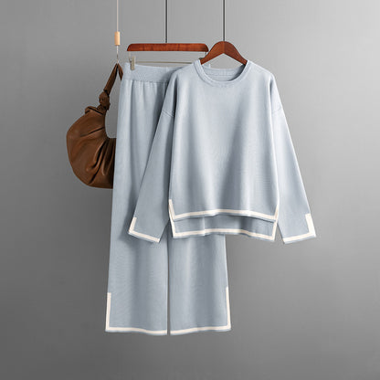 Conjunto de dos piezas de pantalón ancho de punto de manga larga con abertura en contraste para mujer, informal, para otoño e invierno