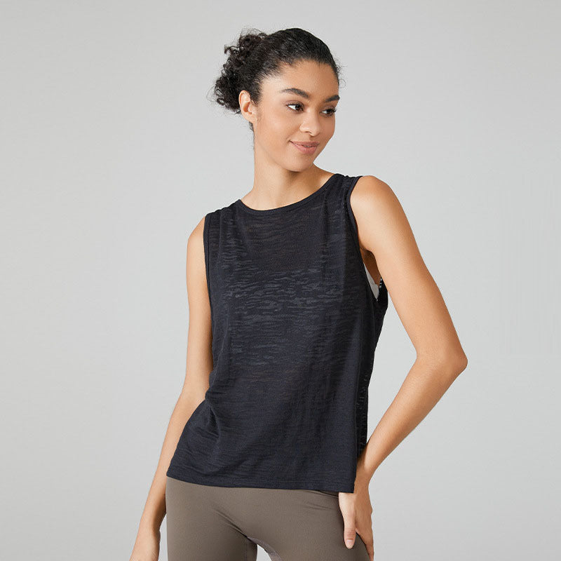 Women Casual Loose Solid Color Round Neck Sleeveless Back Split Sports Tank Top