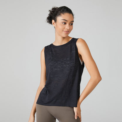 Women Casual Loose Solid Color Round Neck Sleeveless Back Split Sports Tank Top