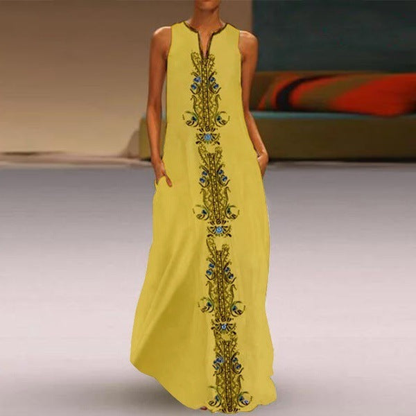 Women Boho Vintage Print Sleeveless V-Neck Loose Casual Maxi Dress