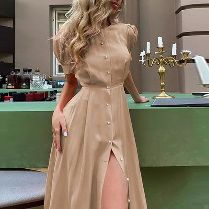 Women Casual Summer Vacation Solid Color High Waist Split Midi Short Sleeve Dress