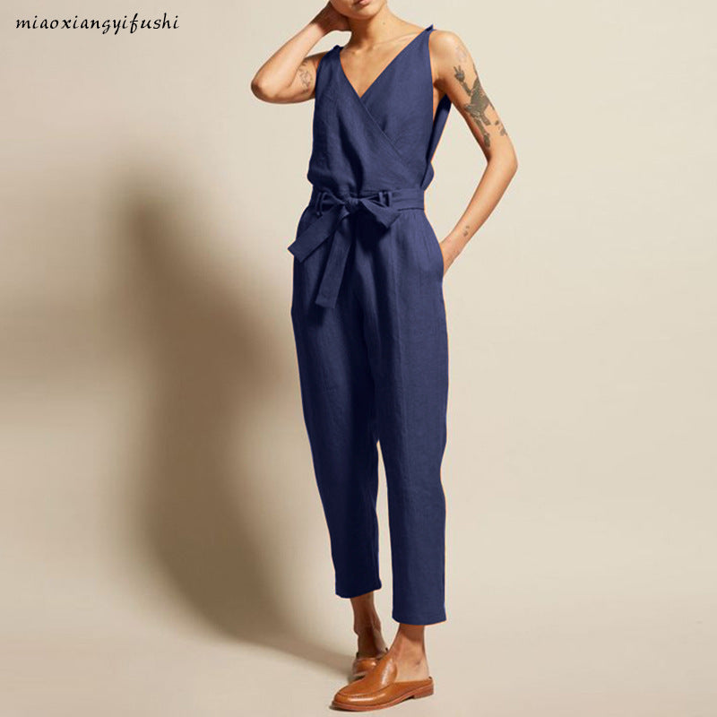 Women Solid Color V-Neck Tank Top Sash Waist Casual Loose Jumpsuits