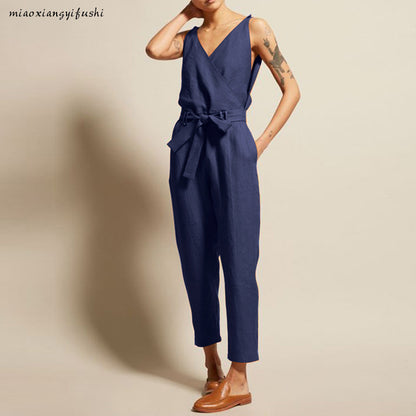Women Solid Color V-Neck Tank Top Sash Waist Casual Loose Jumpsuits