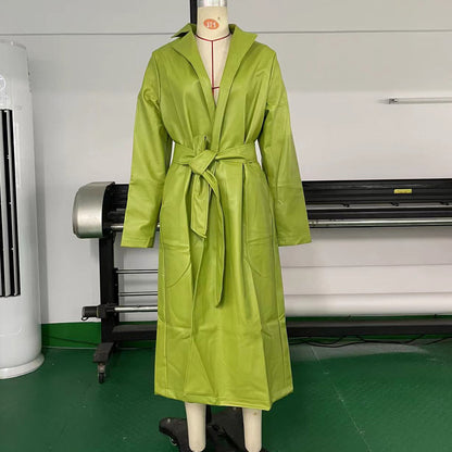 Chaqueta larga de cuero de color liso para mujer, gabardina informal