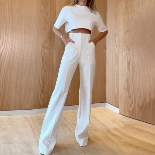 Conjunto de 2 piezas de camiseta corta informal de verano para mujer con manga corta y pantalones anchos de cintura alta