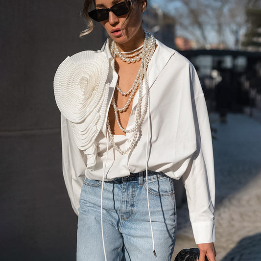 Women High Street Fashion Casual Long Sleeve Flower Design Loose Shirt Blouse