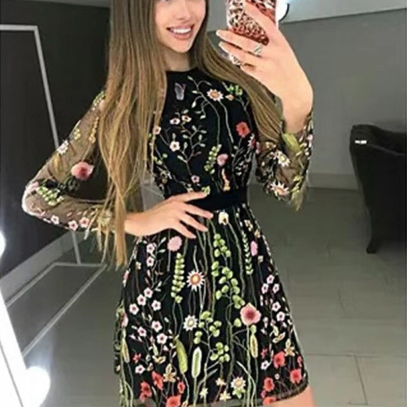 Women Fashion Boho Style Floral Embroidery Mesh Long Sleeve Round Neck Casual Dress