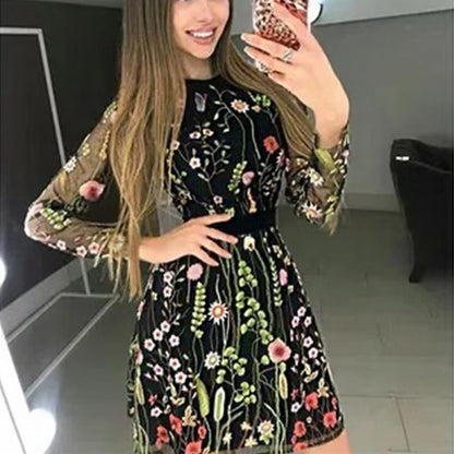 Women Fashion Boho Style Floral Embroidery Mesh Long Sleeve Round Neck Casual Dress