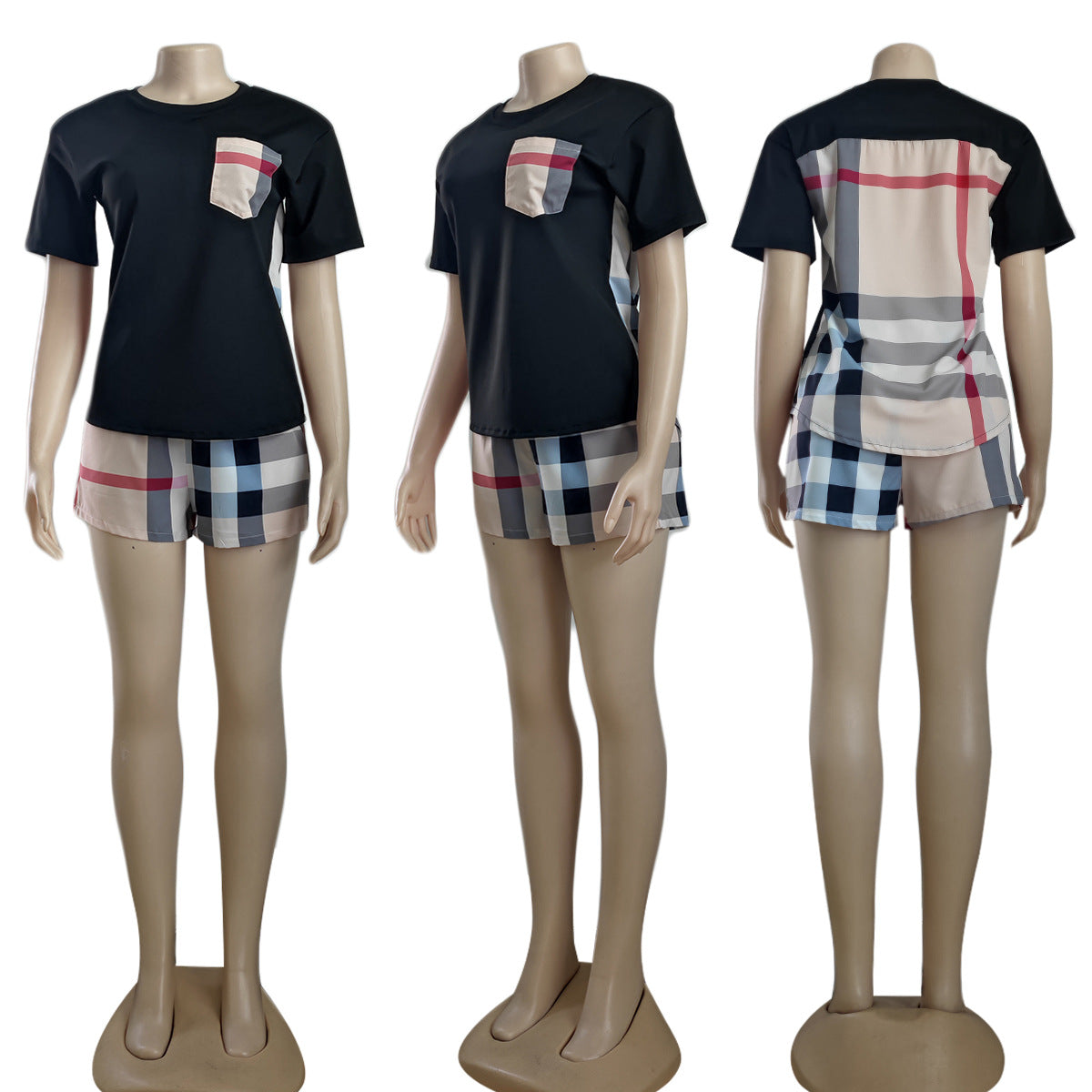Conjunto de dos piezas de camiseta y pantalones cortos de manga corta con cuello redondo y estampado a cuadros para mujer