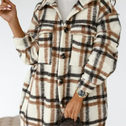 Abrigo de invierno para mujer, de manga larga, con solapa abotonada, informal, cálido, a cuadros