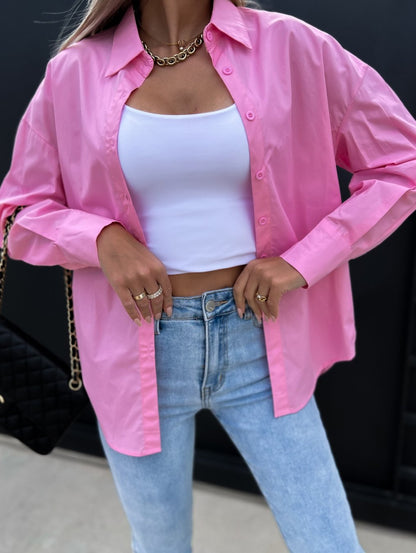 Spring And Summer Women Loose Casual Solid Color Long Sleeve V-Neck Button Shirt Blouse