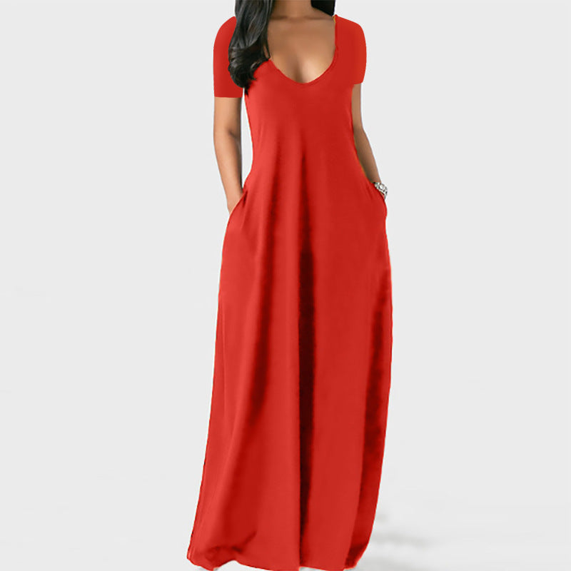 Summer Plus Size Women Basic Solid Color Casual V Neck Short-Sleeved Maxi Dress With Pockets