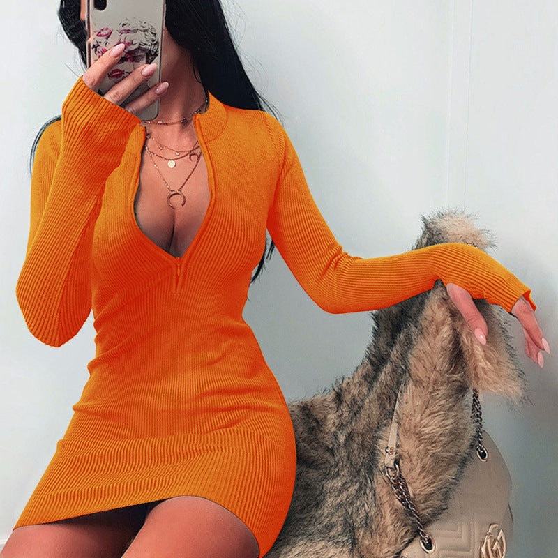 Women'S Fashion Casual Rib-Knit Zipper Slim-Fit Long Sleeve Dress