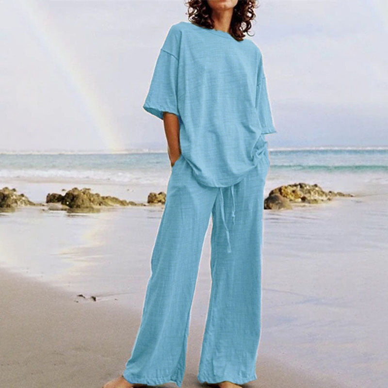 Women Fashion Casual Plus Size Solid Color Round Neck Short Sleeve Top Drawstring Wide Leg Pants Two-Piece Set