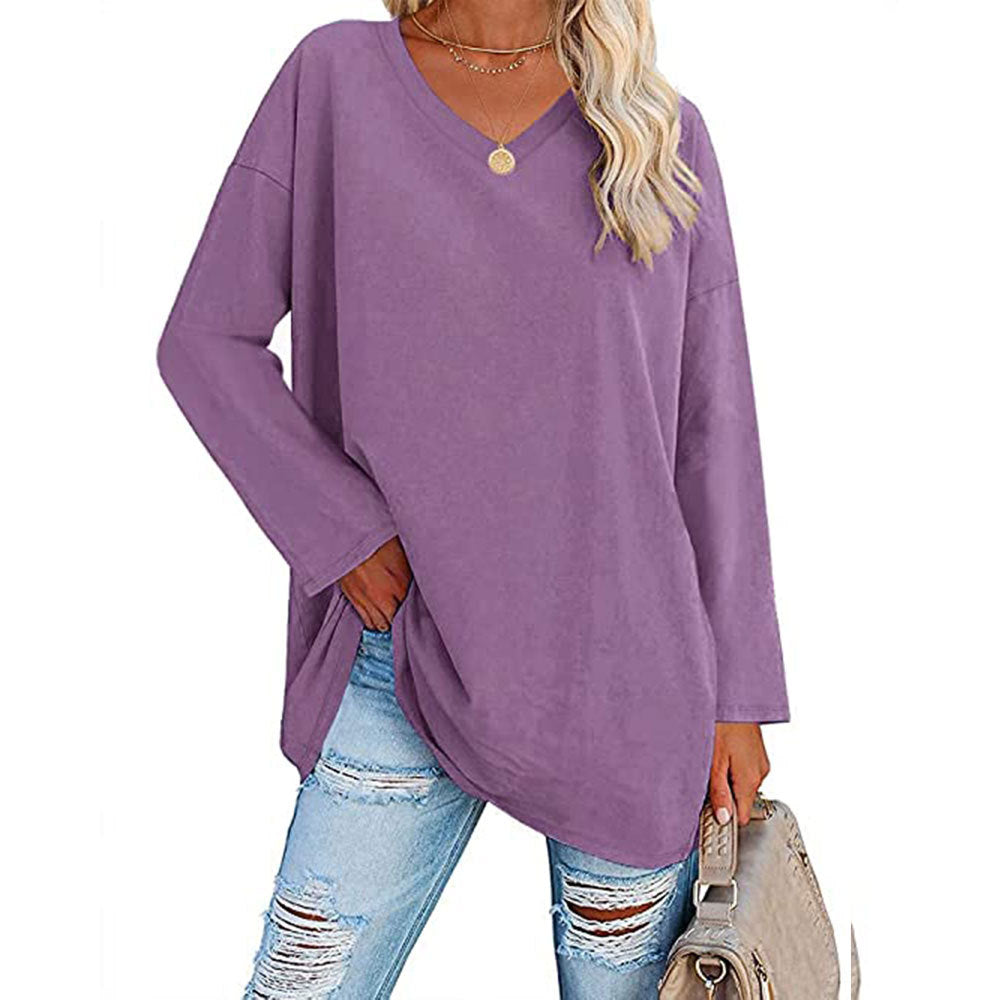 Camiseta informal de manga larga con cuello en V y color liso para mujer