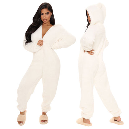 Women Long Sleeve Hooded Plush Casual Jumpsuits Pajamas
