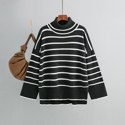 Autumn And Winter Women Casual Stripe Turtleneck Knitted Sweater