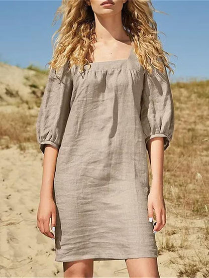 Women Fashion Casual Simple Square Collar Cotton Linen Puff Sleeve Slim Fit Dress