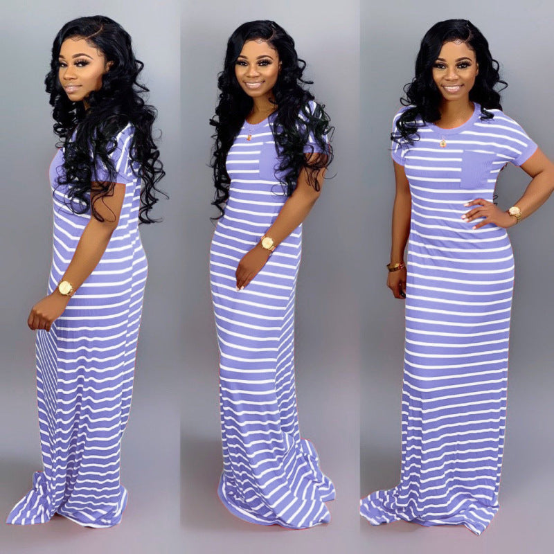 Women Casual Basic Stripe Color Blocking Short-sleeved Maxi Dress