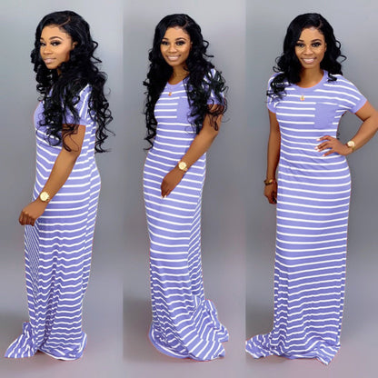 Women Casual Basic Stripe Color Blocking Short-sleeved Maxi Dress