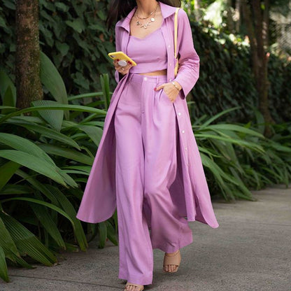 Elegante gabardina informal lisa para mujer, top corto, pantalones de pierna ancha, conjunto de trabajo