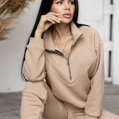 Conjunto de dos piezas de jersey deportivo informal con capucha y manga larga de color liso para mujer