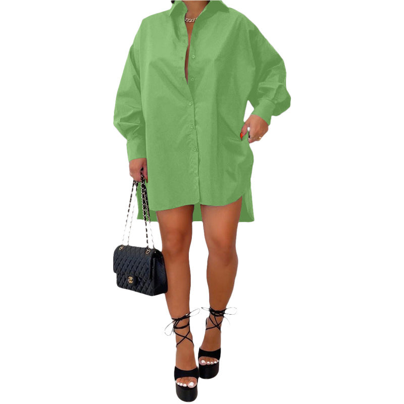Women Casual Basic Solid Color Sideslit Single-breasted Shirt Dress