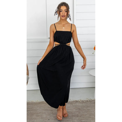 Women Fashion Casual Solid Color Hollow Waist Spaghetti Strap Dress