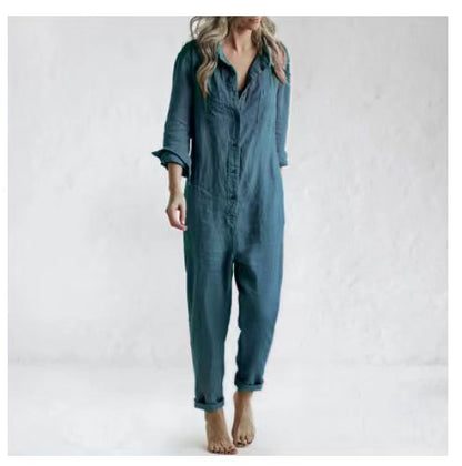 Women Casual Cotton Solid Color Lapel Pocket Long Sleeve Jumpsuit