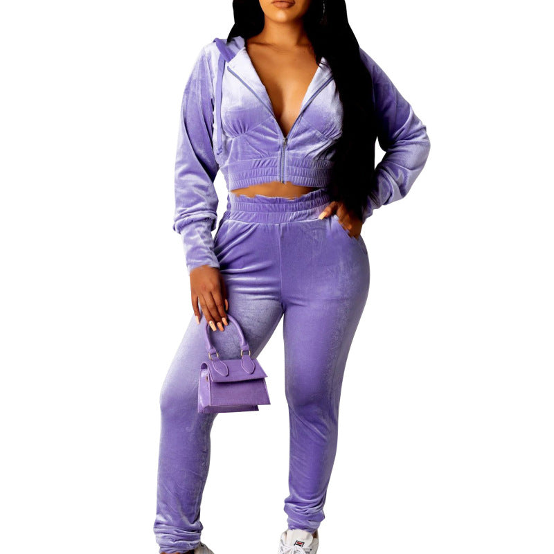 Conjunto deportivo de dos piezas para mujer, con capucha, pantalones y manga larga, elásticos y lisos