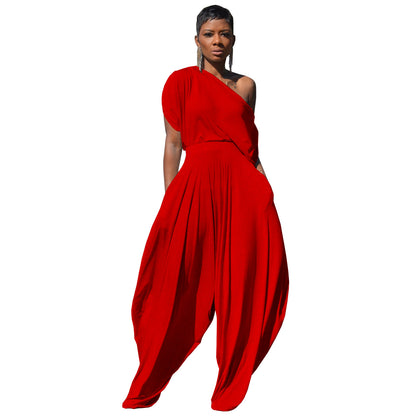 Conjunto de dos piezas de pantalones harén informales de algodón de color liso con hombros inclinados para mujer