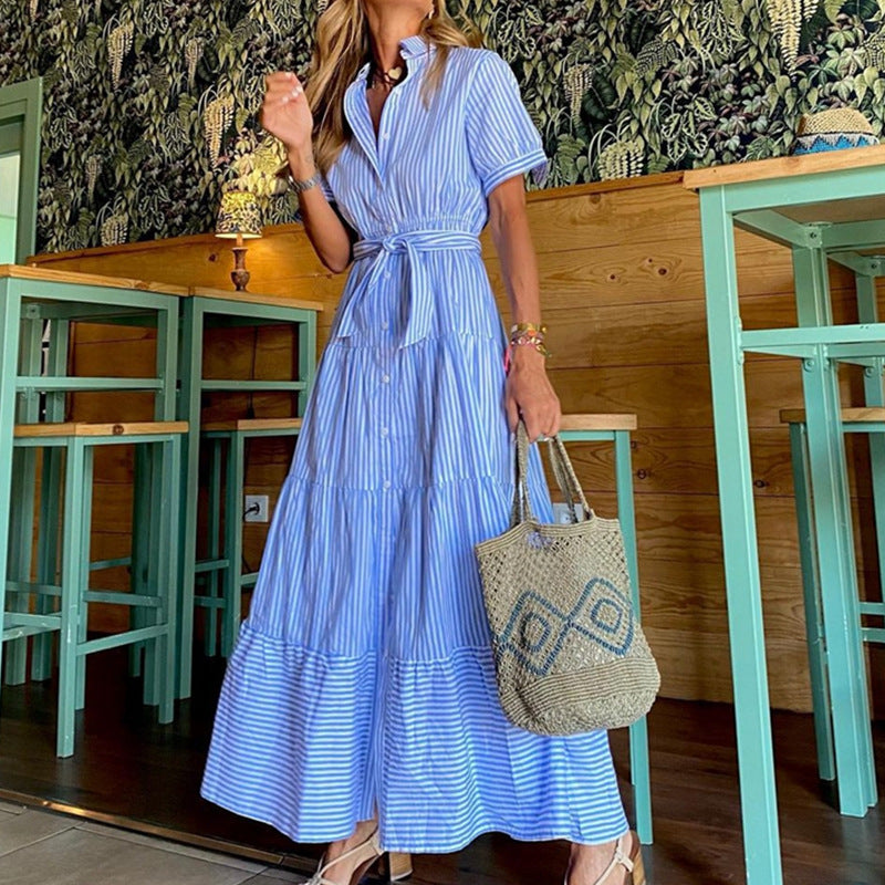 Vestido largo informal clásico de rayas con solapa y manga corta para mujer