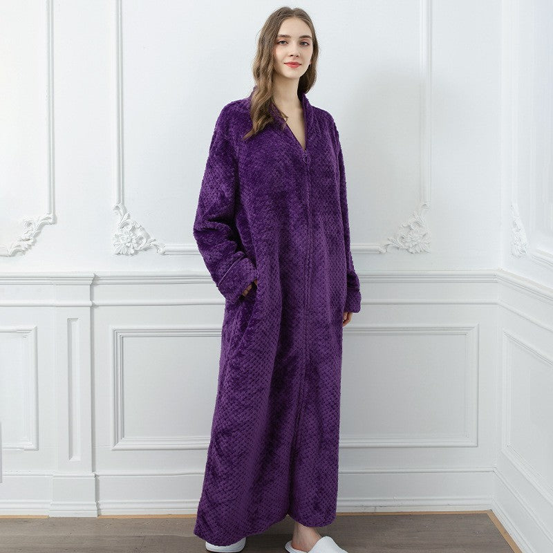 Couples Winter Fashion Casual Home Solid Color Flannel V Neck Long Sleeve Zipper Robes Sleepwear
