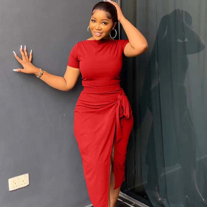 Women Spring And Summer Casual Elegant Solid Color Short Sleeve Top Side-Slit Bowknot Skirt Office Set