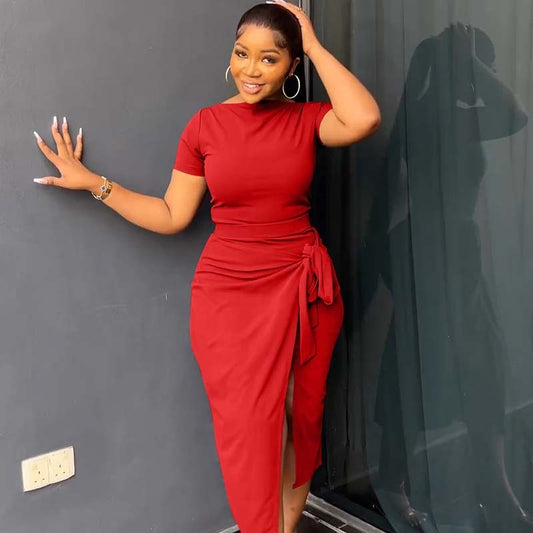 Women Spring And Summer Casual Elegant Solid Color Short Sleeve Top Side-Slit Bowknot Skirt Office Set