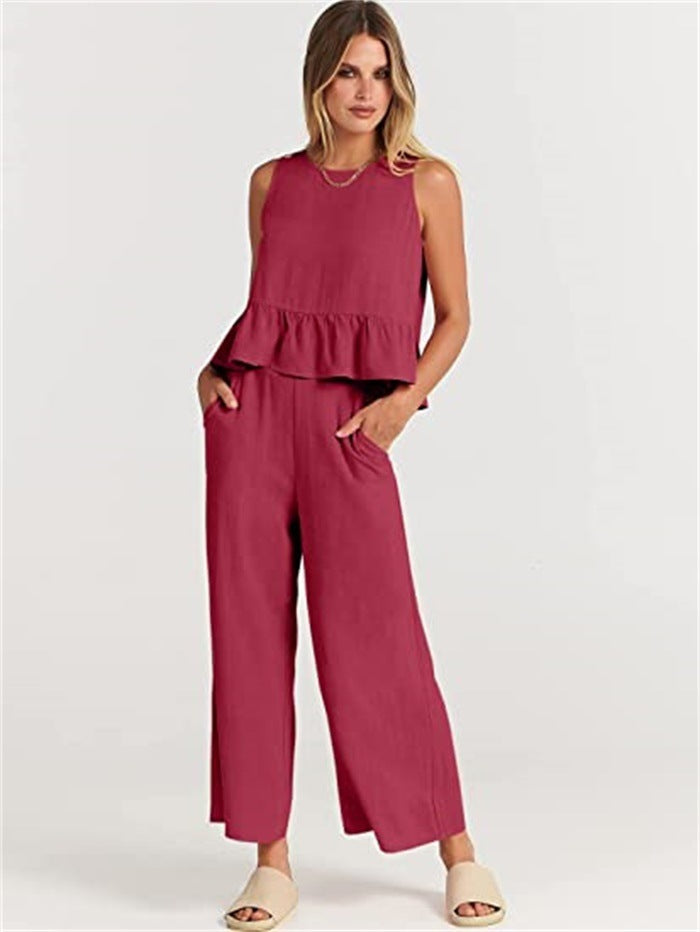 Conjunto de dos piezas de top informal sin mangas y pantalón ancho para mujer